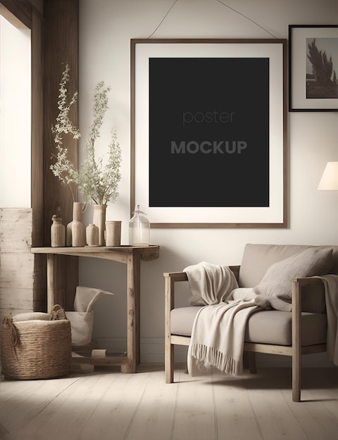 Realistic rustic living room with mockup frames 11