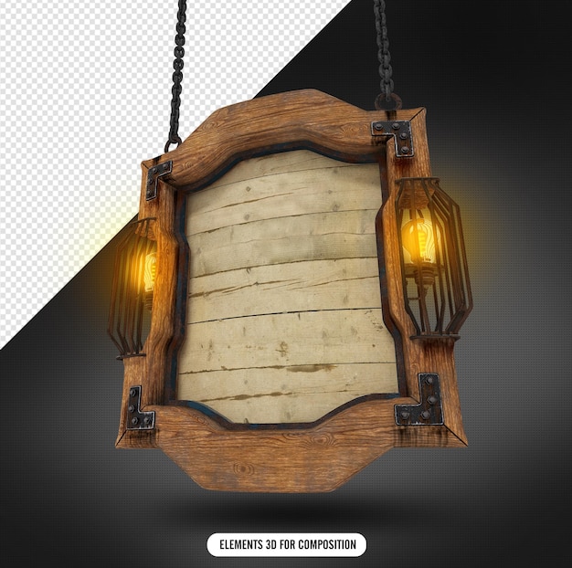 Realistic rustic wood frame with lights and chains