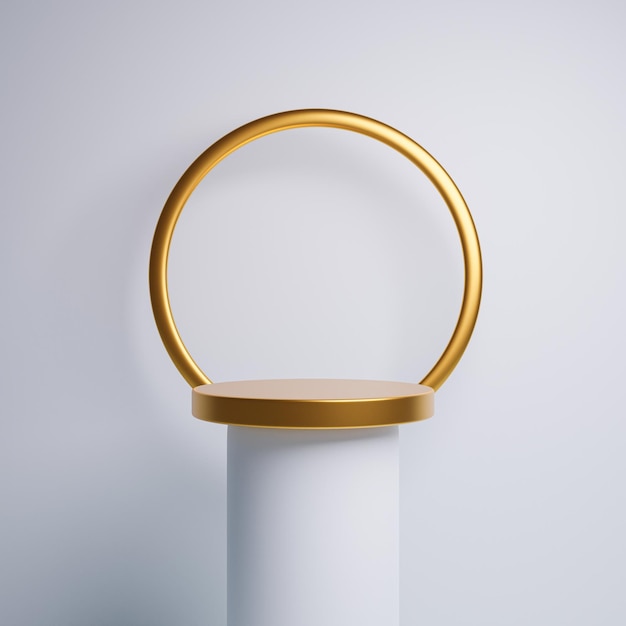 Realistic Set Of Abstract Golden And White 3d Cylinder Pedestal Podium With Circle Backdrop