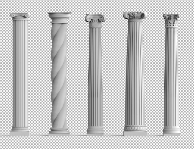 Realistic set of ancient isolated 3D columns with different styles of Greek architecture.