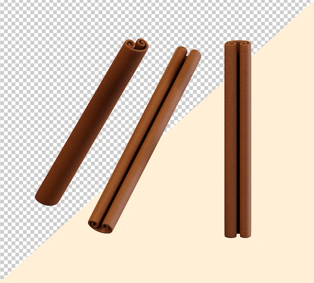 Realistic set of cinnamon sticks, 3d render. Flying cinnamon sticks in different angles