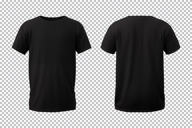 PSD realistic set of male black tshirt mockup front and back views isolated on a transparent background