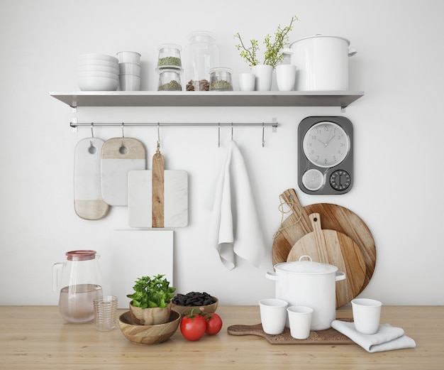 PSD realistic shelves in a kitchen with utensils