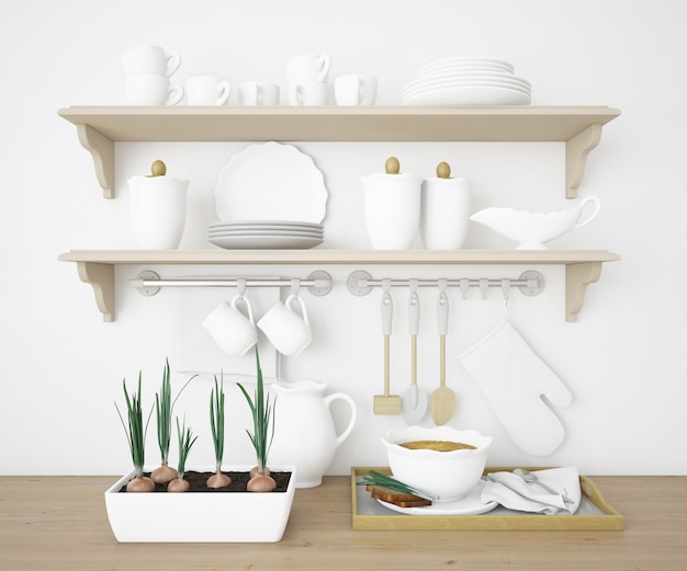 realistic shelves in a kitchen with white plates