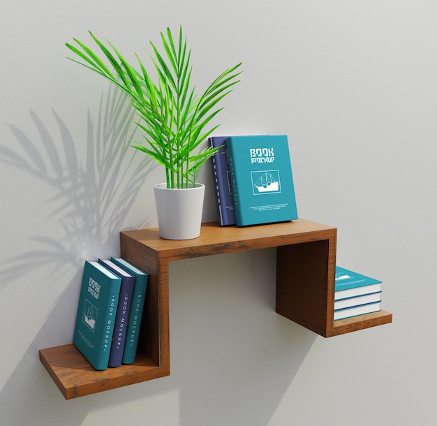 PSD realistic shiny books mockup on wooden shelf