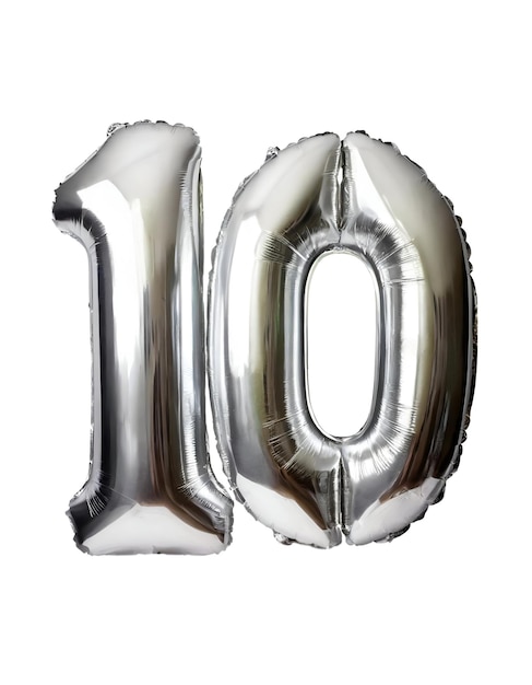 Realistic silver balloon in the shape of number ten