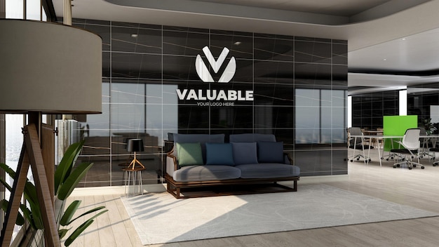 realistic silver company logo mockup in office lobby waiting area with luxury design interior