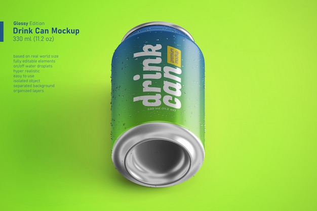 Realistic single aluminium soda can in 330ml premium mockups in isometric view