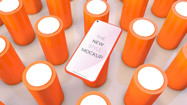 Realistic smartphone mockup with orange cylinders