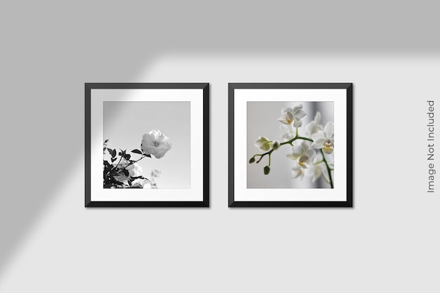 Realistic square frames mockup hanging on wall with shadow overlay