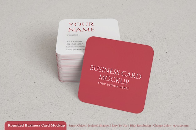 Realistic stack of rounded square business card mockup with textured paper