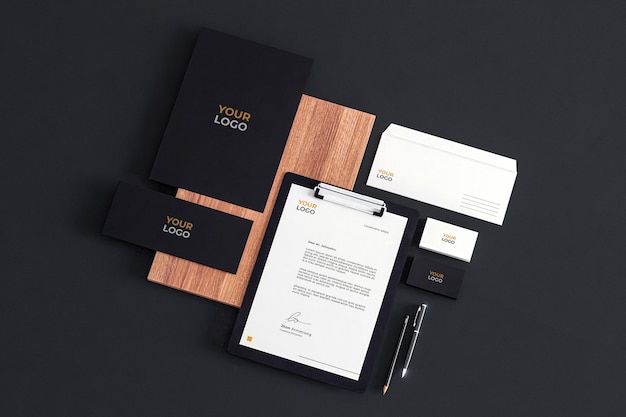 Realistic Stationery Mockup Black White Business Company With Laptop