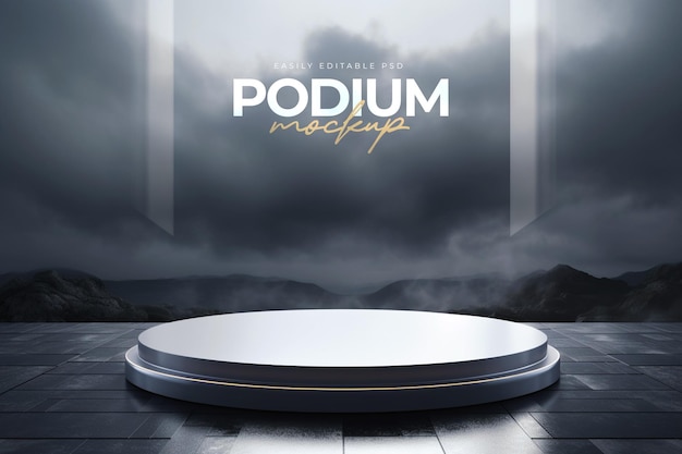 Realistic stone podium stage mockup with monsoon cloudy environment background