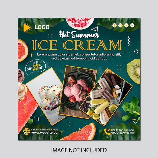 Realistic summer ice cream advertisement with instagram and social media banner post template