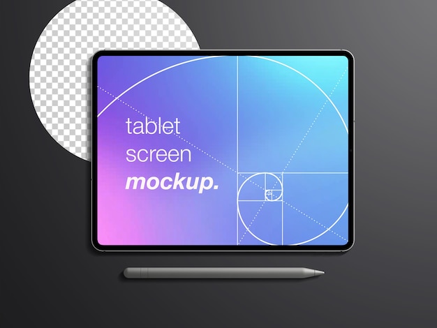 Realistic top view mockup isolated of tablet device screen with stylus pencil