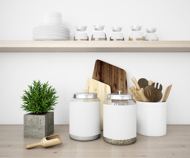 realistic utensils kitchen and jars mockup