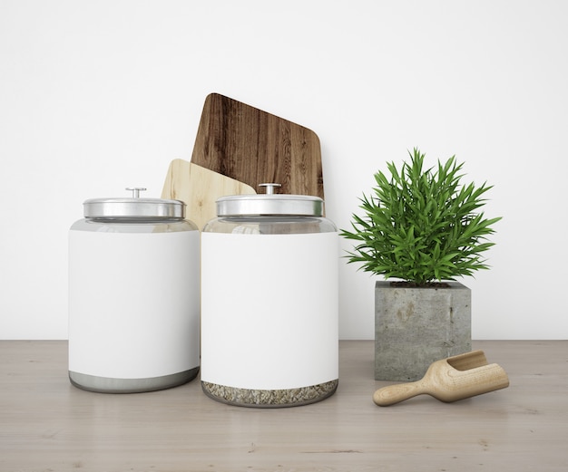 realistic utensils kitchen and jars mockup