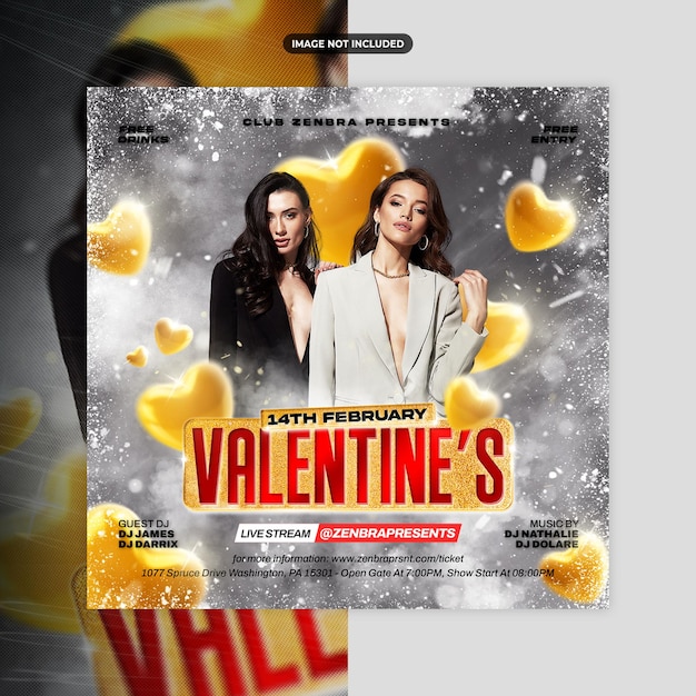 PSD realistic valentines day party flyer social media post and web banner