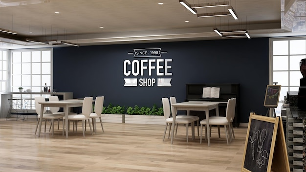 realistic wall logo mockup in the coffee shop or restaurant with navy wall