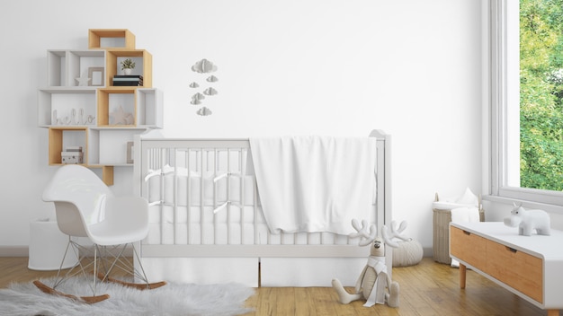 PSD realistic white baby bedroom with a window and a cradle