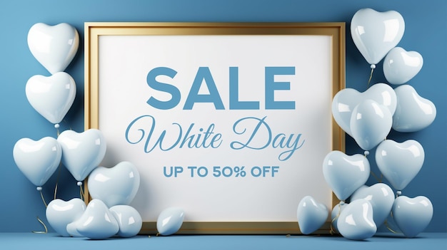 Realistic white day celebration sale white and blue heart background social media banner