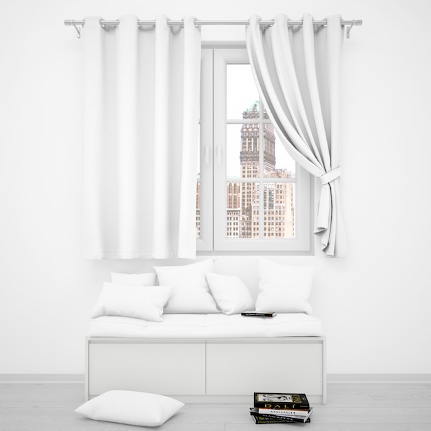 realistic white room with a window and a sofa