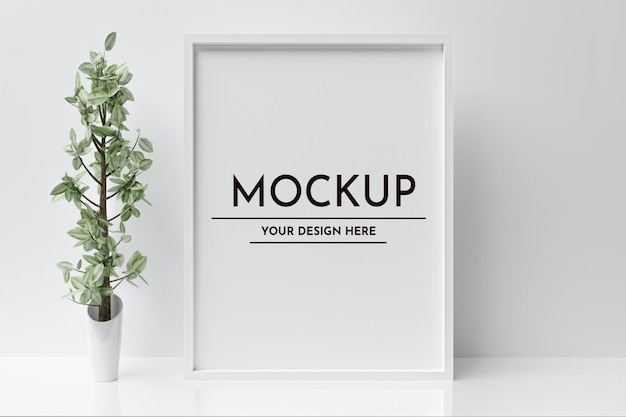 PSD realistic white vertical 3d photo frame mockup on desk blank picture frame premium psd