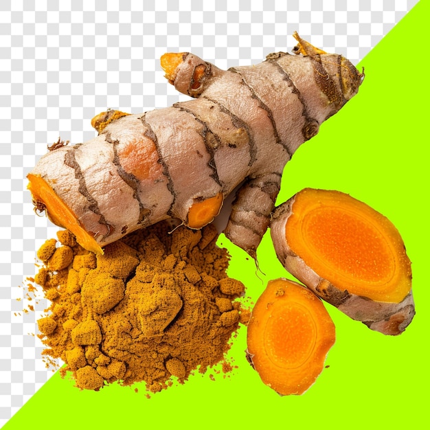 PSD realistic whole turmeric powdered and cut transparent background