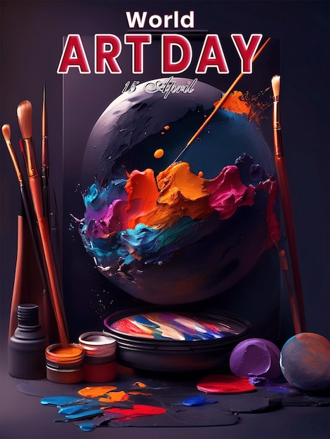 PSD realistic world art day and black background with paint with beautiful brushes