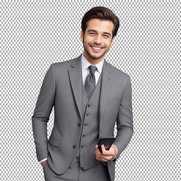 Reality handsome man in full suit using transparent background