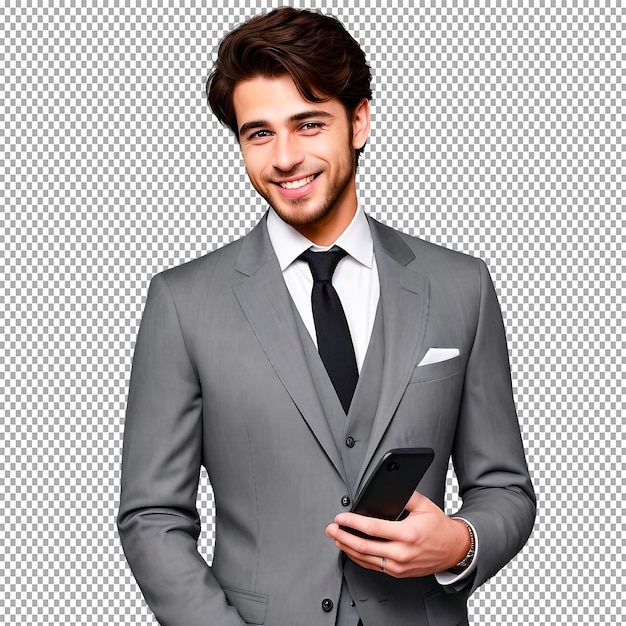 Reality handsome man in full suit using transparent background