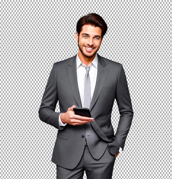 Reality handsome man in full suit using transparent background