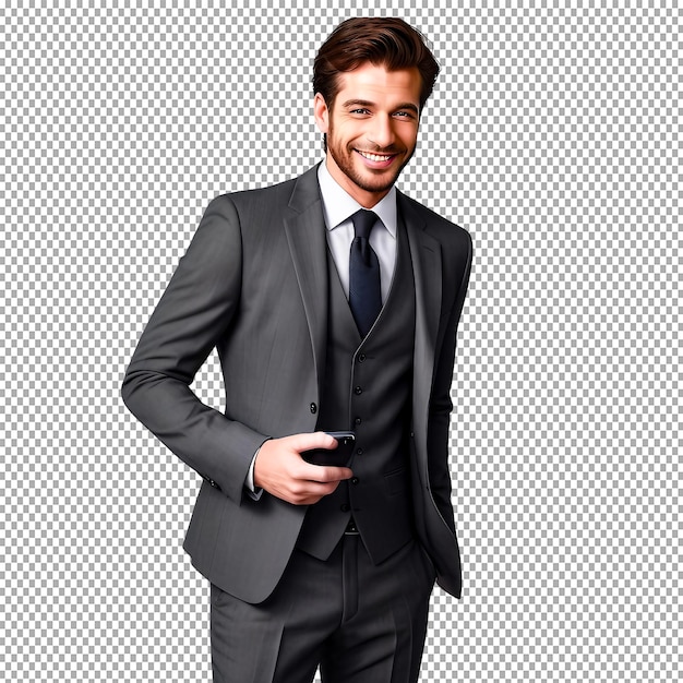 Reality handsome man in full suit using transparent background