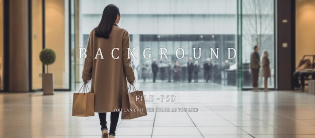 Rear view of happy young Asian woman carrying paper bag and coat shopping center background in mall