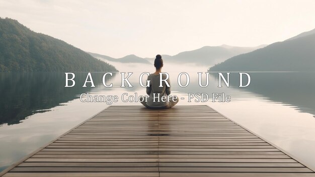 PSD rear view of woman meditating while practicing yoga near lake sitting on wooden pierrear