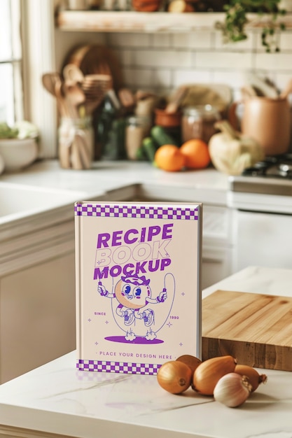 Recipe book in kitchen mockup