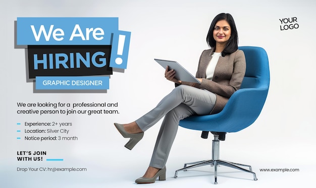 PSD recruitment hiring banner template with indian woman sitting in a blue chair holding a tablet