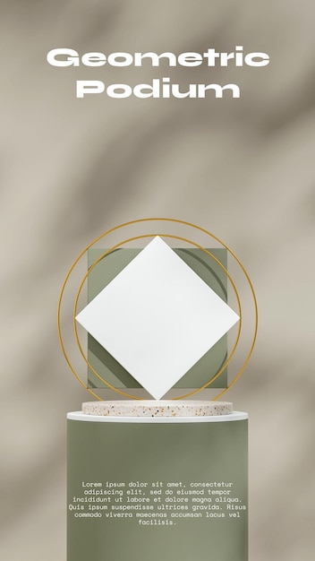 Rectangle and gold ring 3d rendering mockup of green white and terrazzo texture podium in portrait