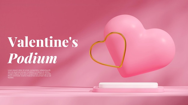 rectangle podium valentine's day in landscape gold and pink hearts shape 3d render blank space