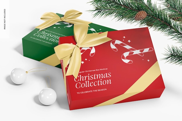 Rectangular Christmas Boxes with Ribbon Mockup, Leaned