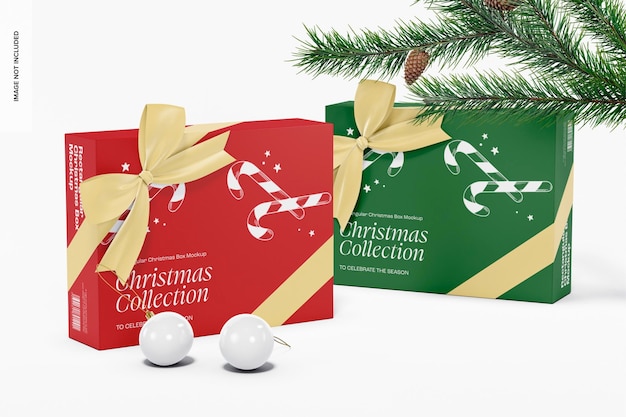 Rectangular Christmas Boxes with Ribbon Mockup, Perspective