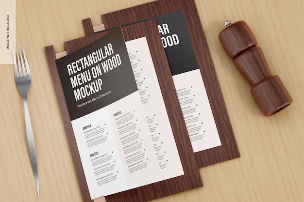 Rectangular Menus on Wood Mockup, Left View