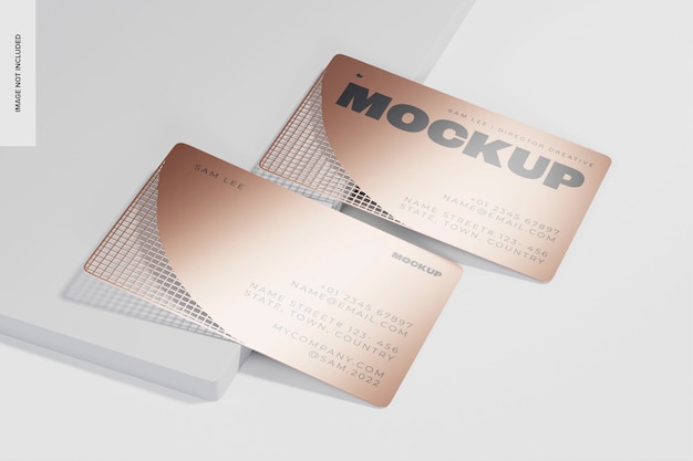 Rectangular Metallic Business Cards Mockup, Leaned