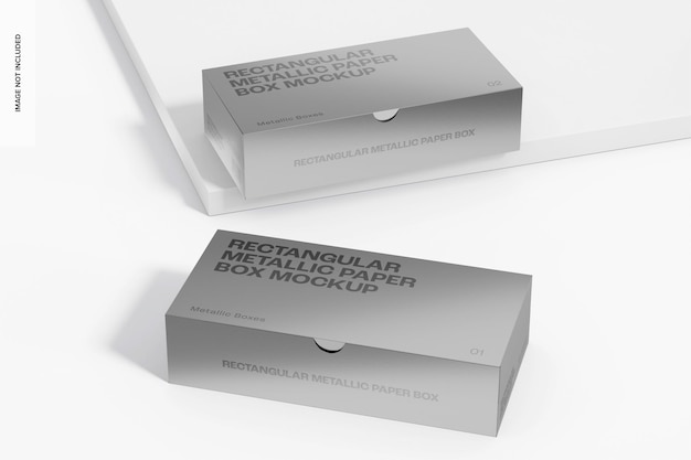 Rectangular Metallic Paper Boxes Mockup, with Podium