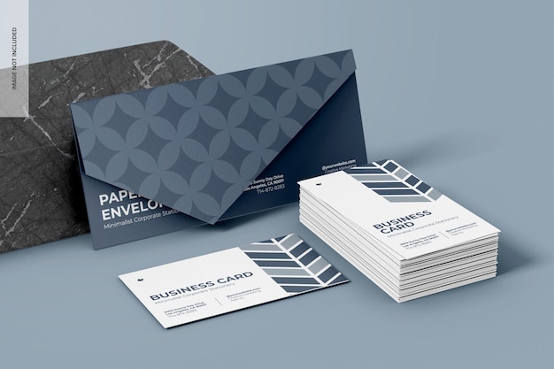 Rectangular Paper Envelope with Business Cards Mockup Stacked