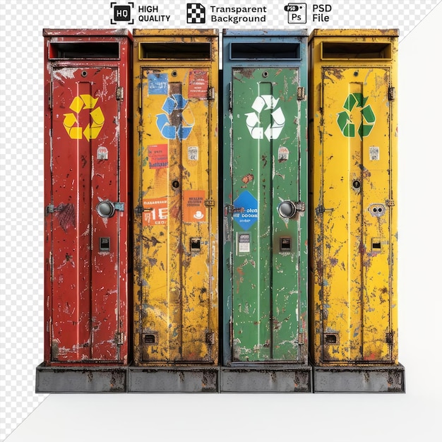 recycling station with a variety of colorful doors including a red door a green door and a yellow door accompanied by a yellow flower