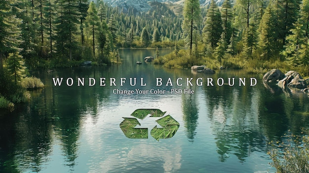 PSD recycling symbol reflected in a serene forest lake