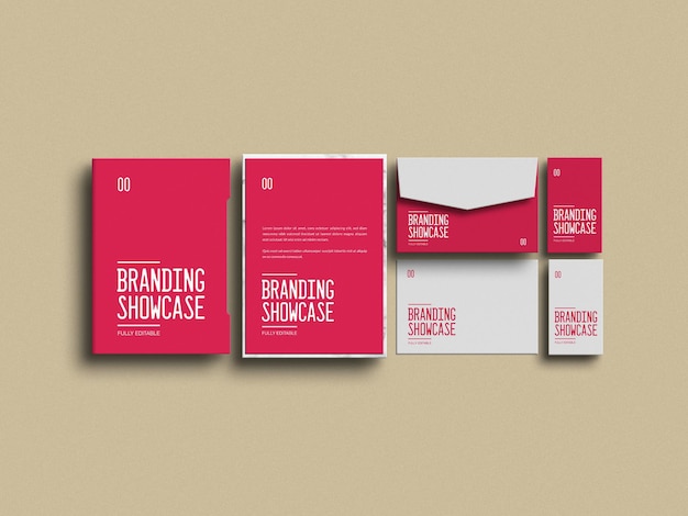 Red a4 document with envelope stationery mockup