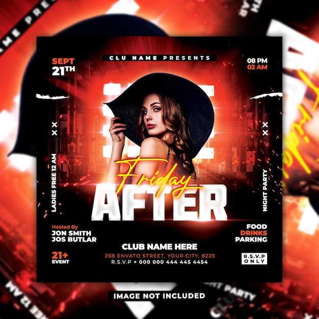 Red After Friday dj club night party flyer template