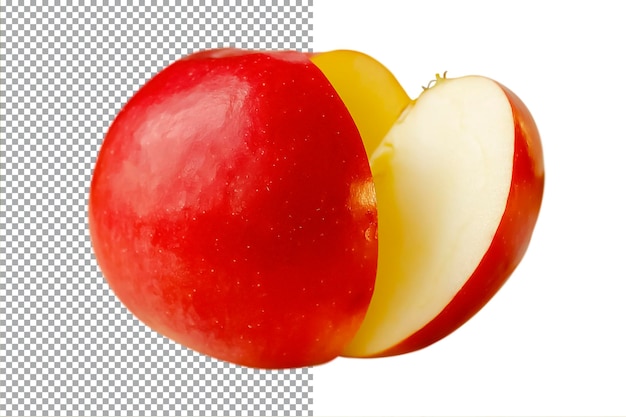 A red apple with the Fresh red apple with a cut slice on a transparent backgrounbottom half cut off